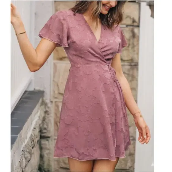 New CUPSHE Women's Rose Pink Aylin V-neck Flared Sleeve Mini Wrap Dress Size L - Picture 4 of 9